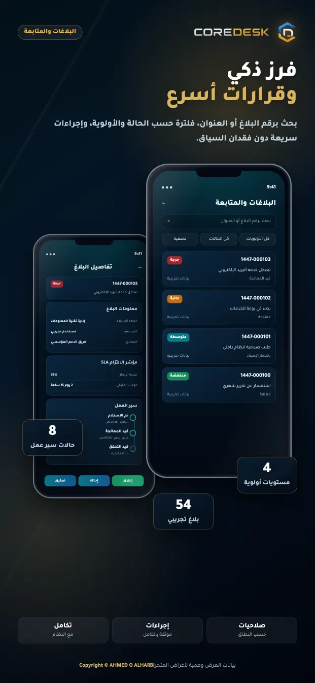 قائمة البلاغات في تطبيق COREDESK للجوال